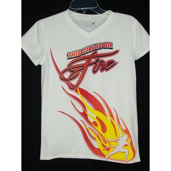 New Balance Top S NB This Girl is on Fire Shirt Workout Athletic White - Picture 1 of 7